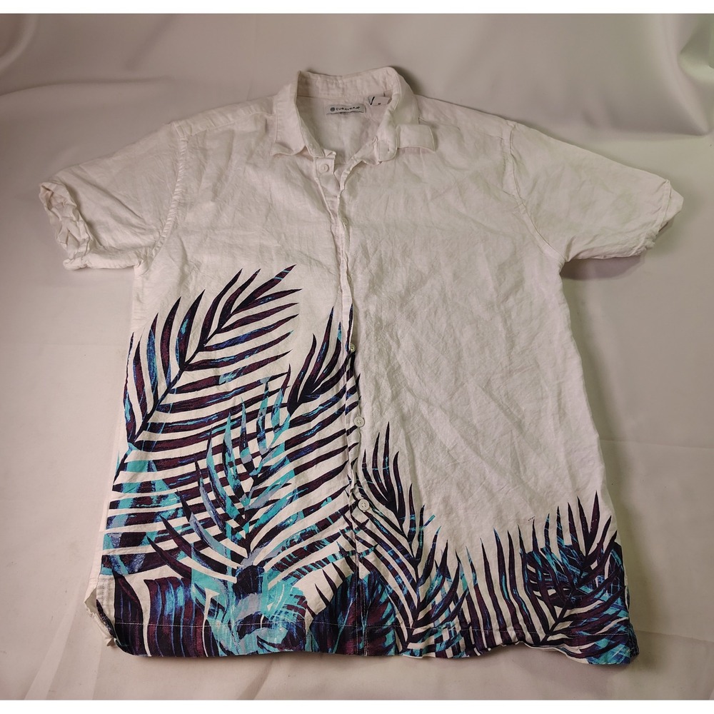 Cubavera Shirt Mens Medium M White Linen Blend Tropical Palm Graphic Button Up